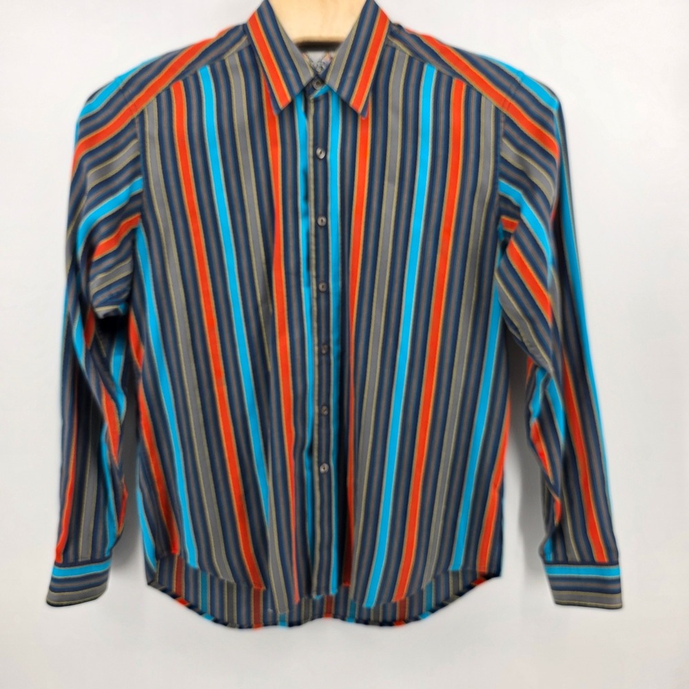 Robert Graham Shirt Mens LT Striped Cotton Silk Blend Classic Blue Orange Casual